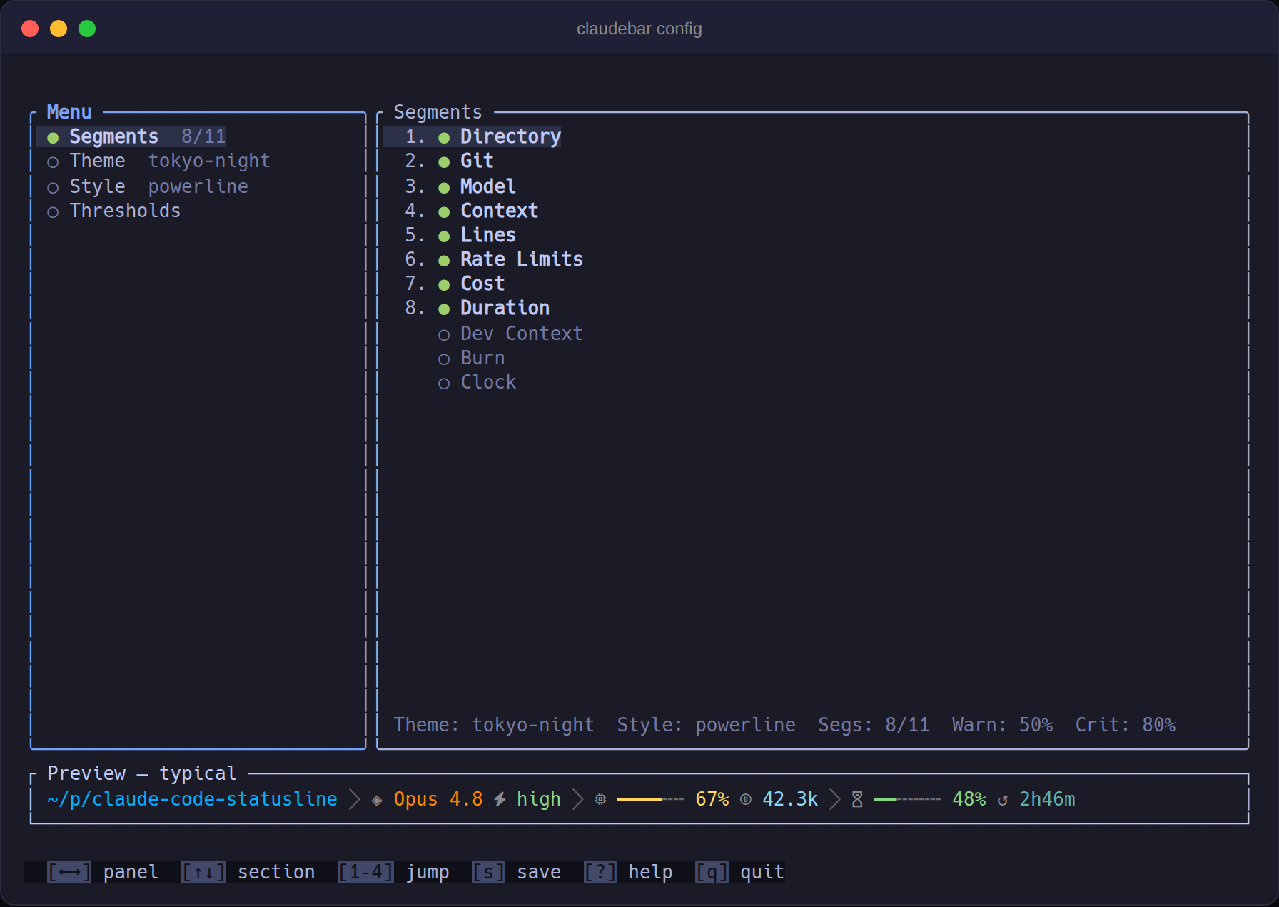 claudebar TUI configurator with live preview